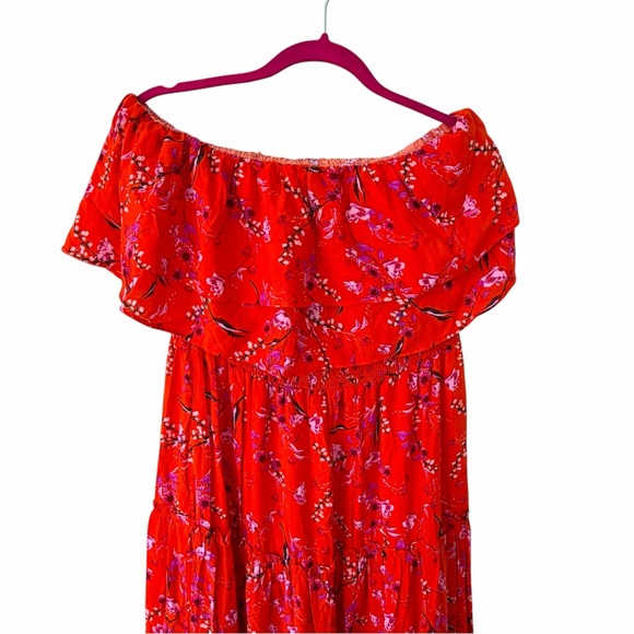 MSK XL Red Floral Off Shoulder Ruffle Midi Dress Boho NWT - Picture 2 of 5